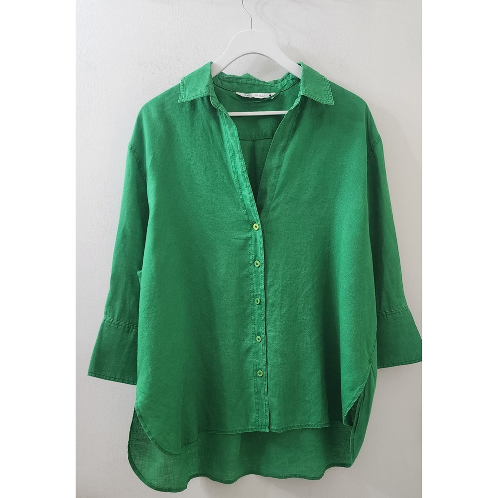 Zara Green Linen Blend Button Down Shirt Oversized High Low Top Small